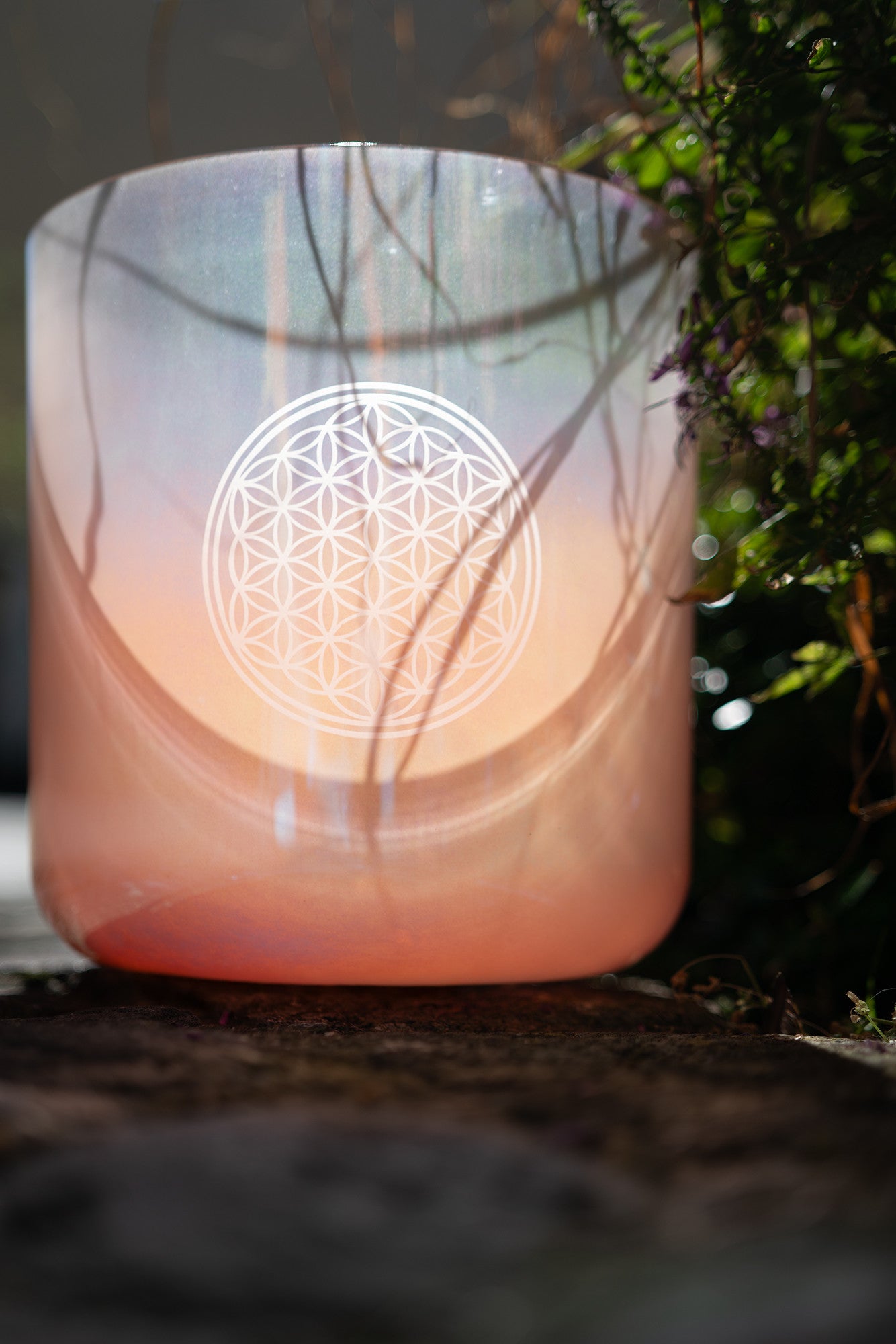 MEINL Sonic Energy 9" Essence Crystal Singing Bowl, 128 Hz, Helles Rosé Gold, Blume des Lebens