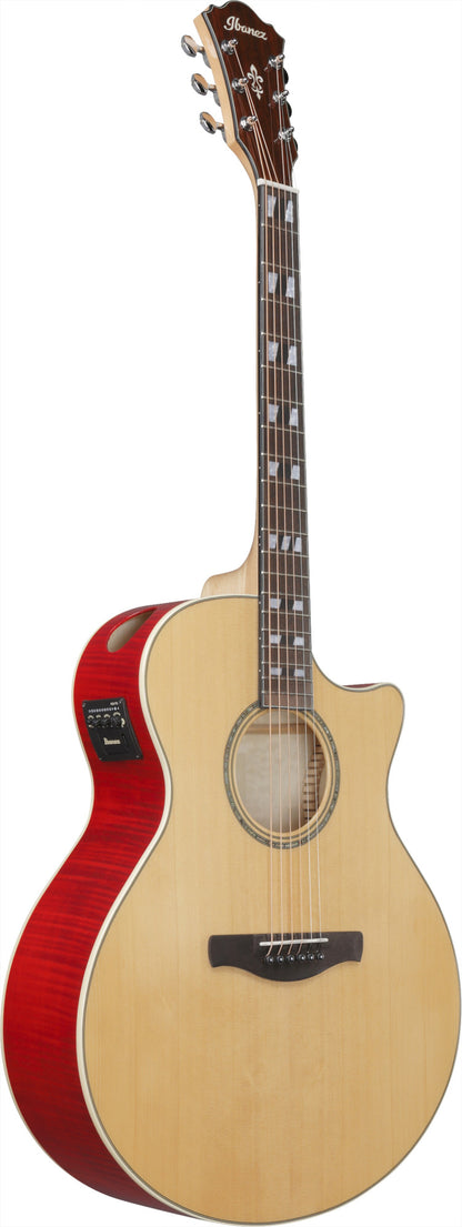 IBANEZ AE Akustikgitarre 6-String - Natural High Gloss Decke, Transparent Red High Gloss Zargen & Boden