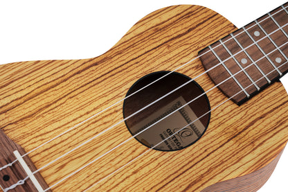 ORTEGA Timber Series Soprano Ukulele 4 String - Zebrawood Natural + Bag