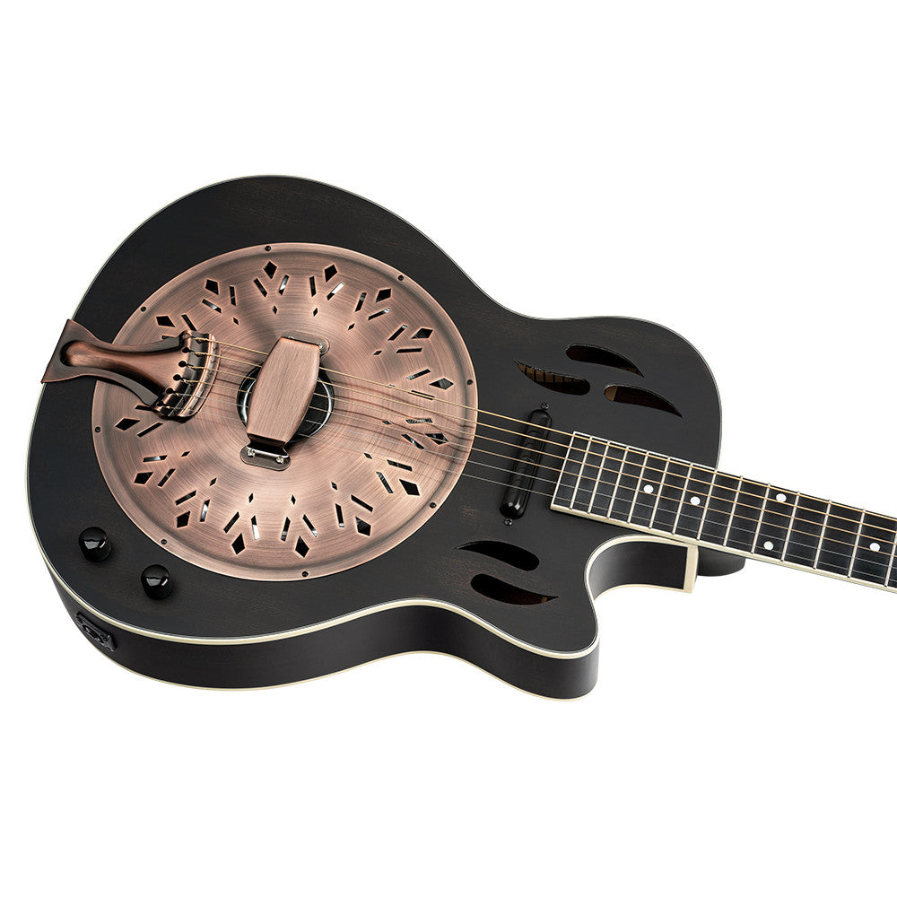 ORTEGA Americana Series Resonatorgitarre  6 String - Distressed Black / Antique Brass HW