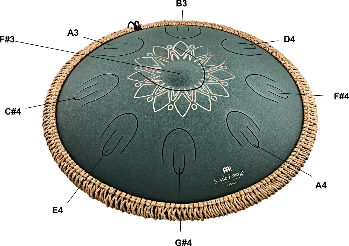 MEINL Sonic Energy 16" Octave Steel Tongue Drum, Fis Moll, 9 Töne, 432 Hz, Dunkelgrün, Graviertes florales Design