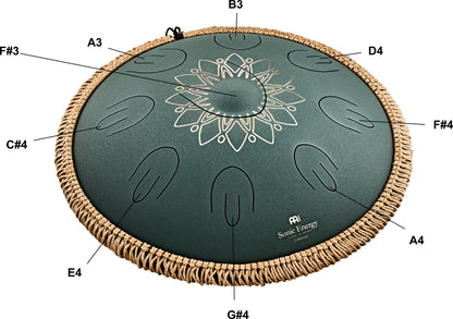 MEINL Sonic Energy 16" Octave Steel Tongue Drum, Fis Moll, 9 Töne, 432 Hz, Dunkelgrün, Graviertes florales Design