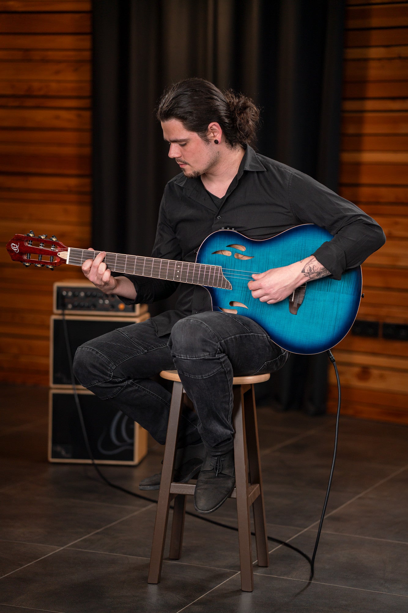 ORTEGA TourPlayer DeLuxe Nylon String Guitar 6-String Lefty - Flamed Maple Blue + Gig Bag