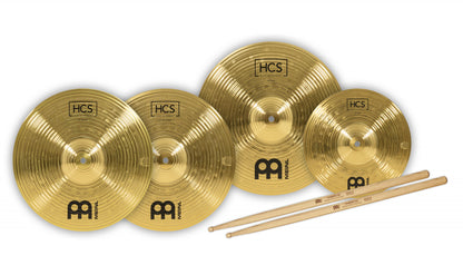 MEINL Cymbals HCS Bonus Pack with 13" Hihat + 14" Crash + 10" Splash - + MEINL Stick & Brush SB106 Hybrid Drumsticks