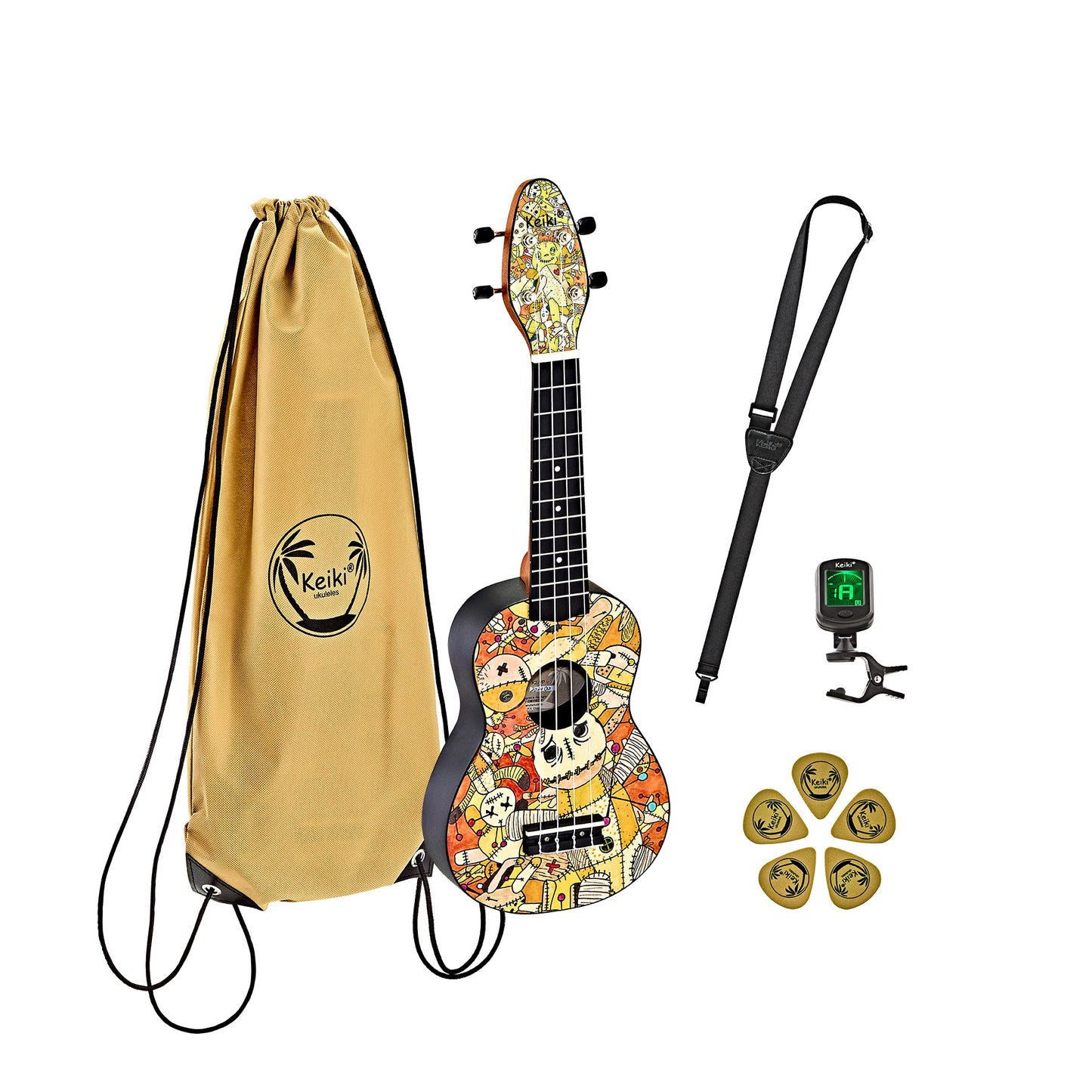 KEIKI K2 Serie Sopran Ukulele Set - Agathis / ABS Voodoo Puppet